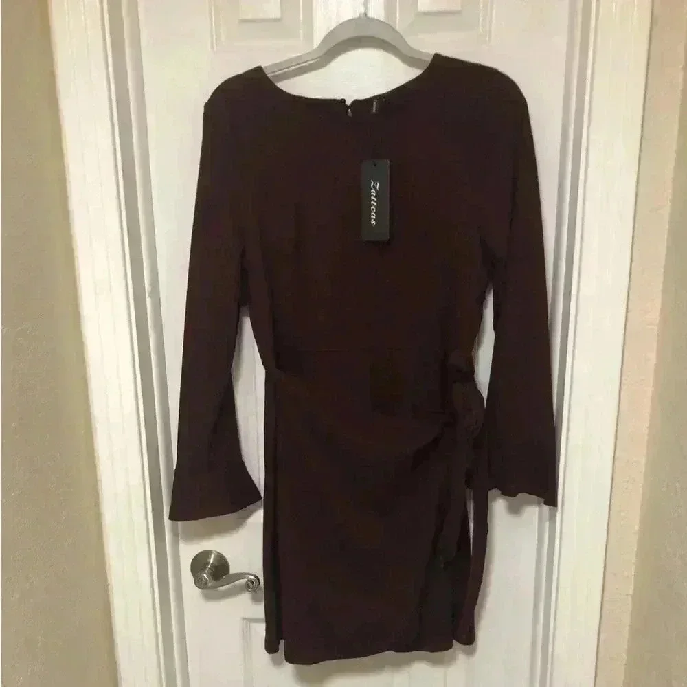 Deep Burgundy Ruffled Bell Sleeve Sheath Dress